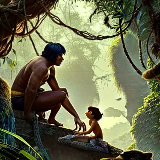 Image similar to jungle book. mowgli and balu. movie still frame. realistic photo.