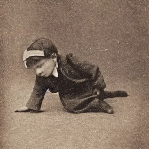 Prompt: old photo of a Victorian child breakdancing