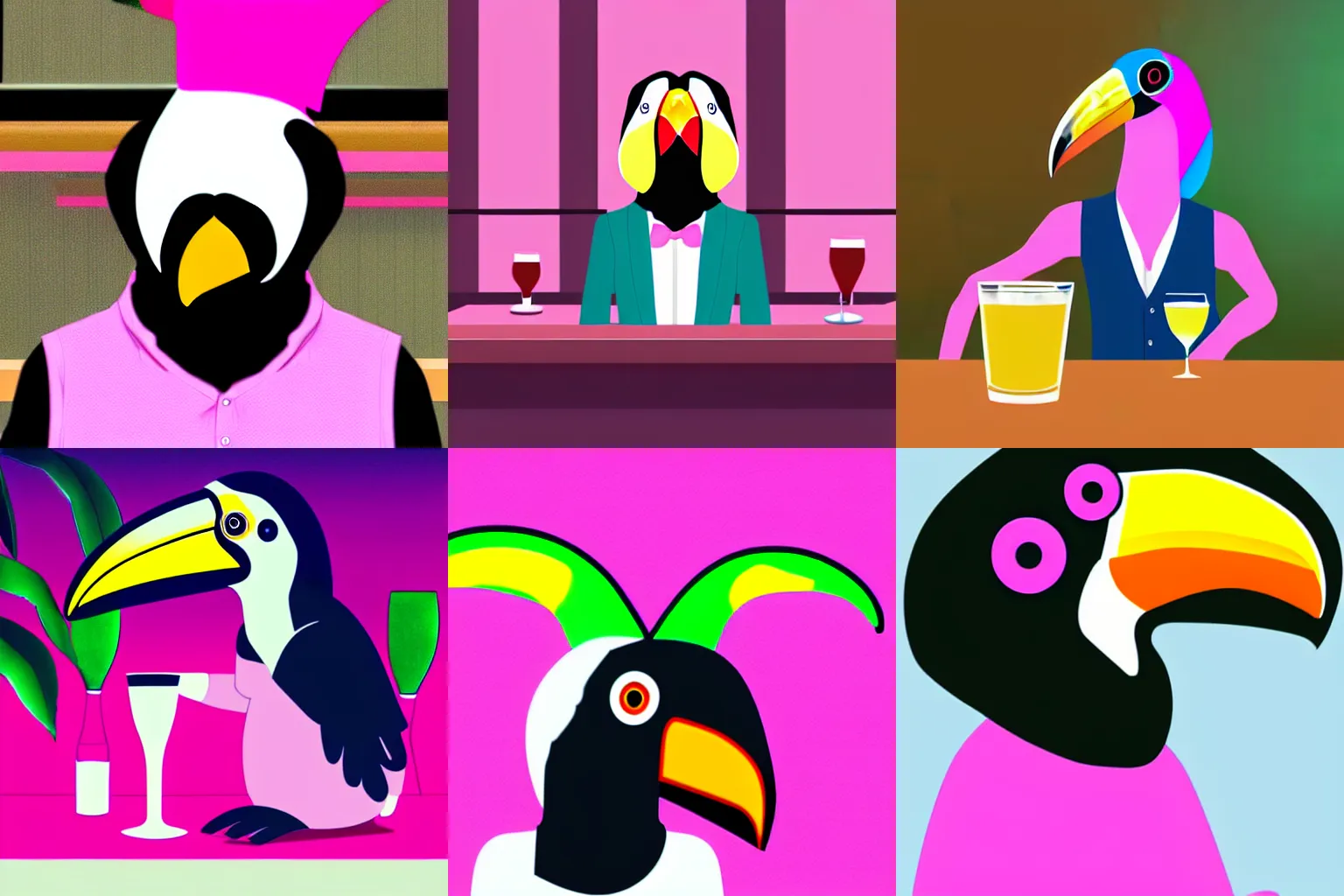 Prompt: hyper realistic toucan-headed man wearing a pink vest and a white shirt sitting at a bar, vaporwave digital art