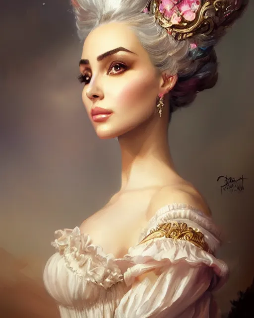 Prompt: masterpiece concept painting of Olivia culpo as marie antoinette by christophe young, Siwoo Kim, MIhail Spil-Haufter, carlos ortega elizalde, digital art, artstation