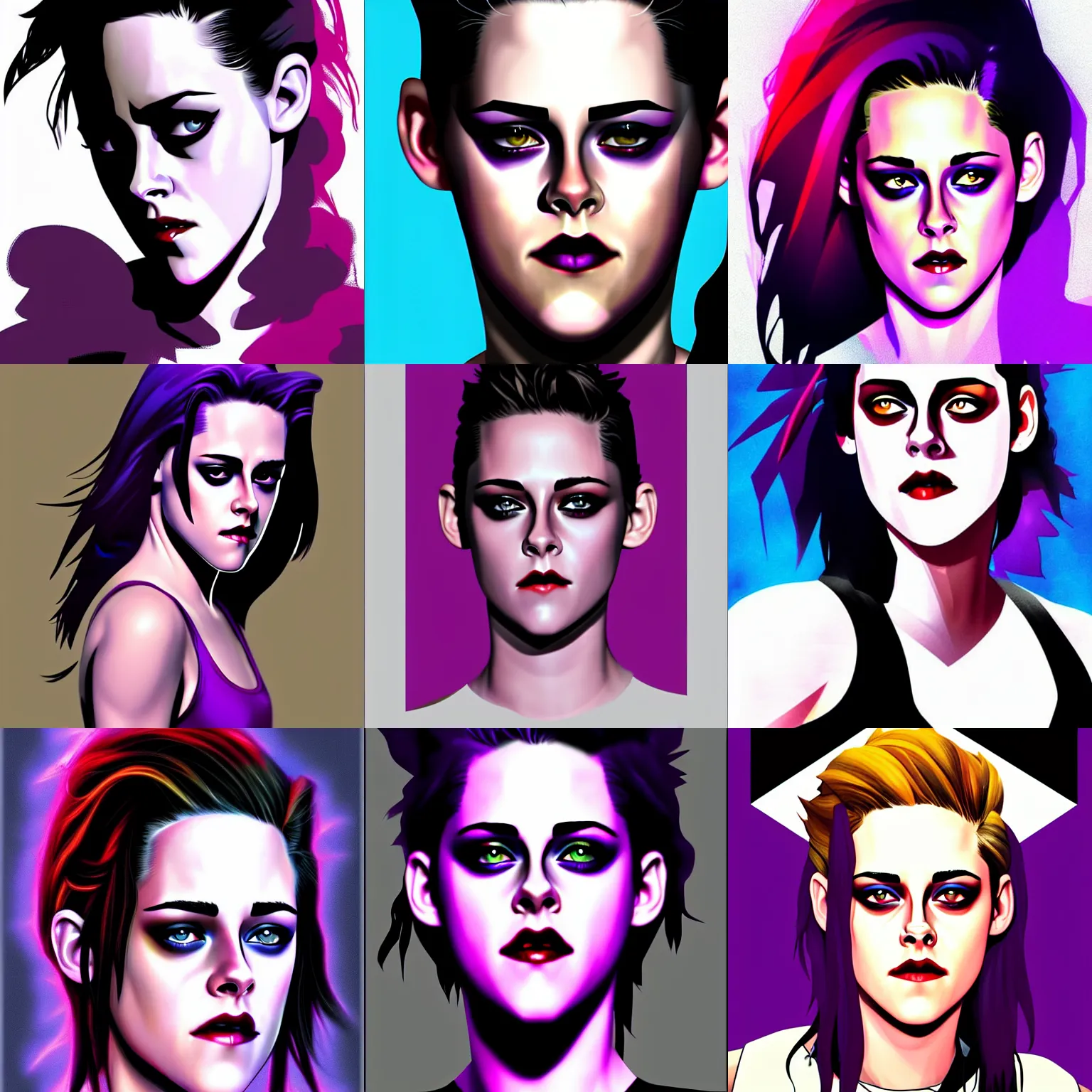 Prompt: Kristen Stewart in the style of comic book art, with deep-purple-skin, , digital painting, trending on artstation by Alex Ross