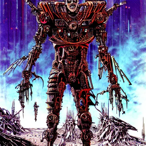 Image similar to cyborg undead Warrior, dark metal pyramids in the background, art by Philippe Druillet