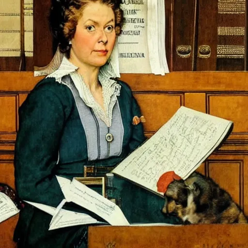 Image similar to The Queen of the Lawyers. A painting by Norman Rockwell.