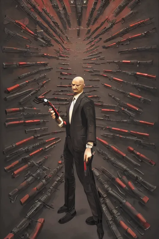 Image similar to an intricate and expressive portrait of agent 4 7 from hitman choosing a weapon from a wall full of guns, dark background, red rim light, highly detailed, digital art, artstation, concept art by giger stalenhag