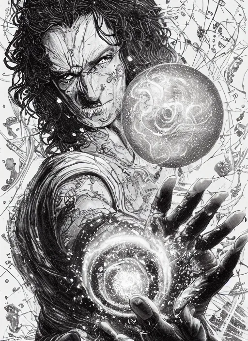 Image similar to high intricate ink drawing of the sandman holding a glimmering galaxy, full shot, neil gaiman, maria panfilova, andrea savchenko, mike kime, ludovic plouffe, qi sheng luo, oliver cook, julian calle, eddie mendoza, trending on artstation