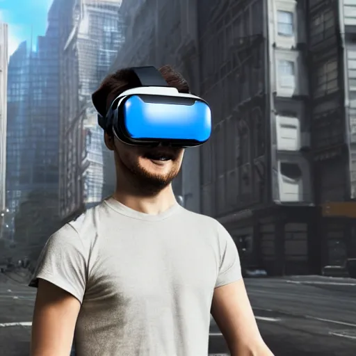 Image similar to Super hero wearing a virtual reality headset in big city, render, ray tracing