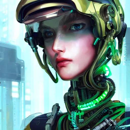 Prompt: highly detailed portrait of a post-cyberpunk robotic young lady with a visor and wired cybernetic face modifications, robotic limbs, by Akihiko Yoshida, Greg Tocchini, Greg Rutkowski, Cliff Chiang, 4k resolution, persona 5 inspired, vibrant green and gold but dreary color scheme with sparking stray wiring