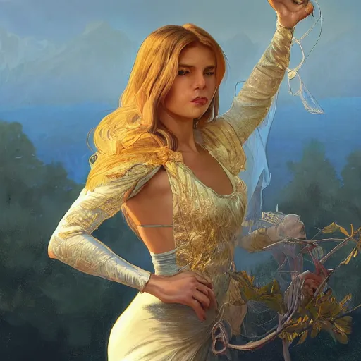 Image similar to clear portrait of namekeyword holding a objectkeyword, golden hour background, cottagecore!!, hyper detailed, character concept, full body, dynamic pose, intricate, elegant, highly detailed, digital painting, artstation, concept art, smooth, sharp focus, illustration, art by artgerm and greg rutkowski and alphonse mucha