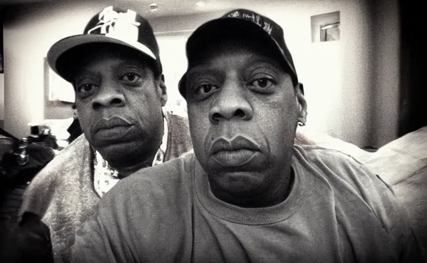 Image similar to my uncle look like Jay-Z if he was poor asf lmao, close-up, one person in frame, portrait, uncomfortable, funny, phone quality, camera flash on, viral photo, viral on instagram, viral on Twitter