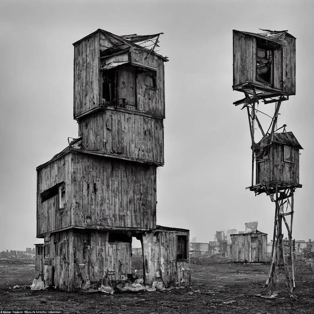 Prompt: high towers, made up of colourful makeshift squatter shacks, bleached, misty, moody sky at the back, dystopia, mamiya, f 1 1, fully frontal view, very detailed, ultra sharp, photographed by roger ballen