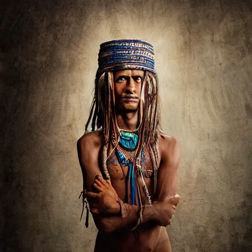 Prompt: Extremely detailed photo realistic portrait of an ancient tribe human dressed in ritual costume in a photo realistic mattepaint background, photography by Annie Leibovitz and Steve McCurry -3