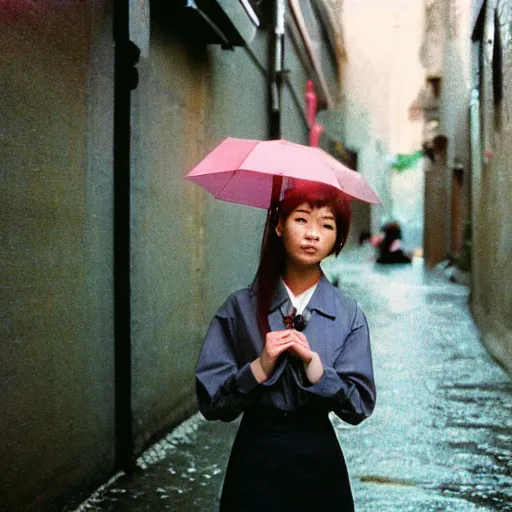 Image similar to 1990s perfect 8K HD professional cinematic photo of close-up japanese schoolgirl posing in sci-fi dystopian alleyway at morning during rain, at instagram, Behance, Adobe Lightroom, with instagram filters, depth of field, taken with polaroid kodak portra