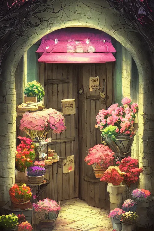 Image similar to a little flower shop's front gate, nostalgic, digital illustration, dramatic lighting, pixiv