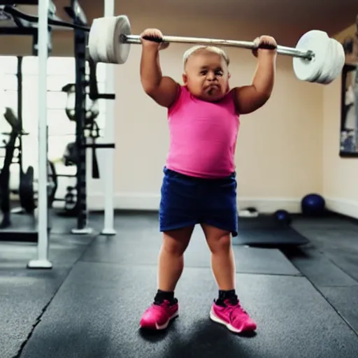 Image similar to a morbidly obese toddler lifting weights at the gym