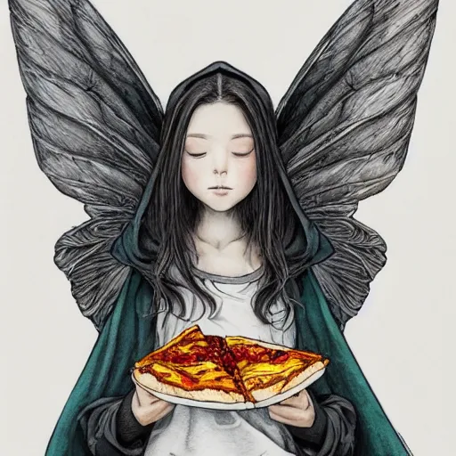 Image similar to portrait of a fairy girl, wearing a hoodie and sweatpants, symmetrical wings, wings made of pizza, basic white background, symmetrical, watercolor, pen and ink, intricate line drawings, by Yoshitaka Amano, Ruan Jia, Kentaro Miura, Artgerm, detailed, trending on artstation, hd, masterpiece,