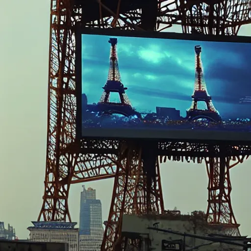 Prompt: A beautiful intricate 8K award-winning ground-level cinematic movie photograph of the future destroyed and decaying neon Eiffel Tower surrounded by corporate billboards. in the year 2043, by Bruno Delbonnel and greg rutkowski. Arri Alexa 65, IMAX 70mm footage. Dirty billboards. Cinematic lighting