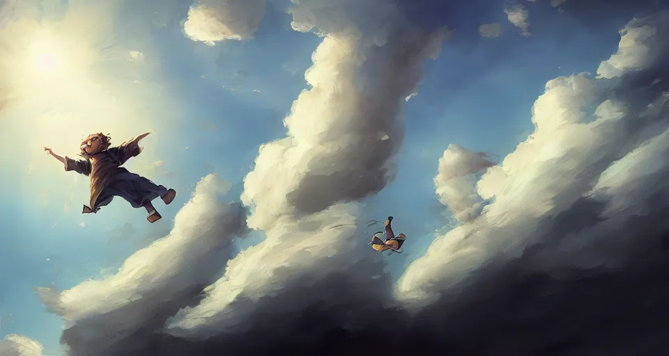 Image similar to a boy being thrown off of a large wooden fantasy sky - ship with horizontal sails flying through the clouds with blue sky, andreas rocha style