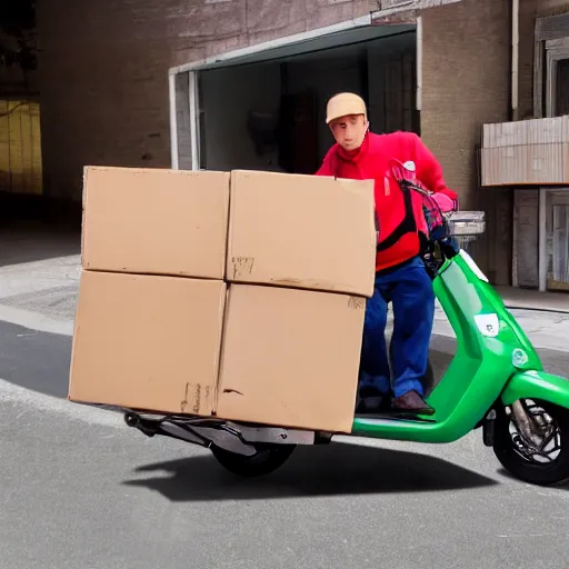 Image similar to delivery driver on scooter delivering boxes, extremely high quality, hd, 4 k, 8 k, artistic, 4 0 mp, cartoo, top - rated, award winning, realistic, sharp, no blur, edited, corrected colour, white background, trending