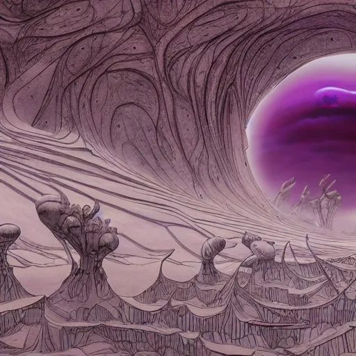 Prompt: a surreal, psychadelic, dreamlike, otherworldly, wierd, alien landscape, interesting details, alien buildings, ringed moons, game-concept art, by Moebius, by Miyazaki, by M. C. Escher, by Ghibli, Fantasy LUT, epic composition, 8k,