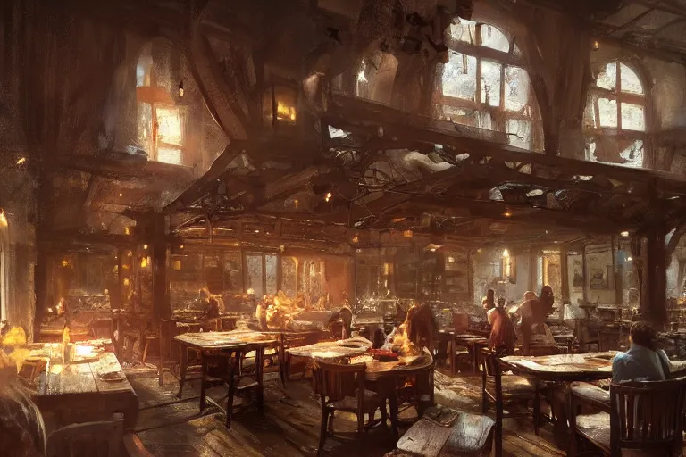 Image similar to A national geographic photo of the interior of an old inn restaurant filled with people by greg rutkowski, Trending on artstation