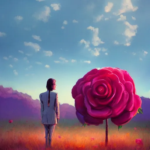 Image similar to portrait, giant rose flower head, girl in a suit, surreal photography, sunrise, blue sky, dramatic light, impressionist painting, digital painting, artstation, simon stalenhag