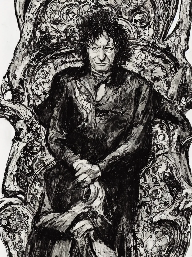 Image similar to portrait of king neil gaiman on his throne, mike dringenberg and dave mckean