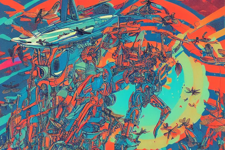 Image similar to risograph, gigantic mecha arzach birds with dragonflies, tiny rats, a lot of exotic animals around, big human faces everywhere, helicopters and tremendous birds, by satoshi kon and moebius, matte summer blue colors, surreal psychedelic design, crispy, super - detailed, a lot of tiny details, 4 k, fullshot