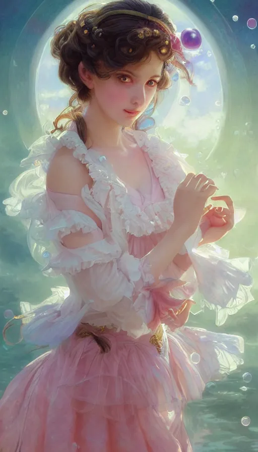 Prompt: portrait of magical lolita girl, dreamy and ethereal, expressive pose, pink eyes, peaceful expression, ornate frilly dress, fantasy, intricate, elegant, many rainbow bubbles, highly detailed, digital painting, artstation, concept art, soft focus, sharp focus, illustration, art by artgerm and greg rutkowski and alphonse mucha