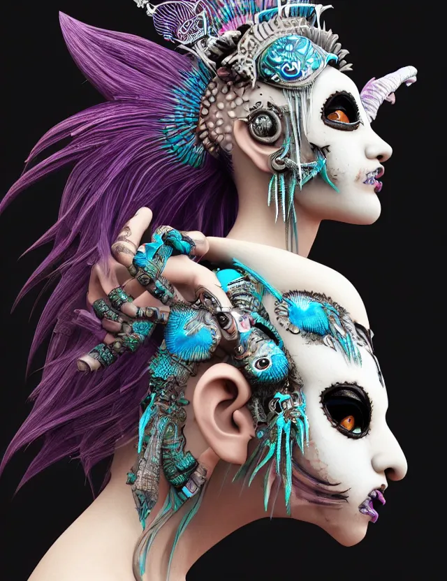 Image similar to 3 d goddess close - up profile portrait punk with mohawk with ram skull. beautiful intricately detailed japanese crow kitsune mask and clasical japanese kimono. betta fish, jellyfish phoenix, bio luminescent, plasma, ice, water, wind, creature, artwork by tooth wu and wlop and beeple and greg rutkowski