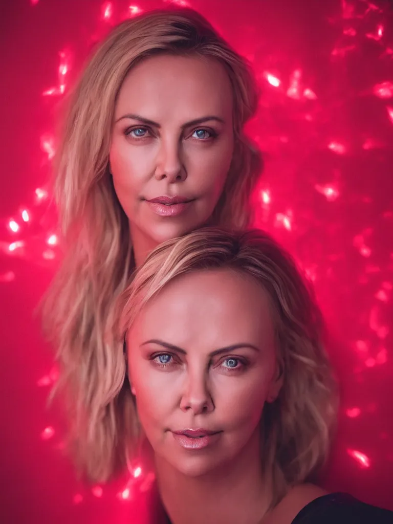 Prompt: hyper realistic portrait of Charlize Theron illuminated by red light , night , 85 mm f1.4 ,