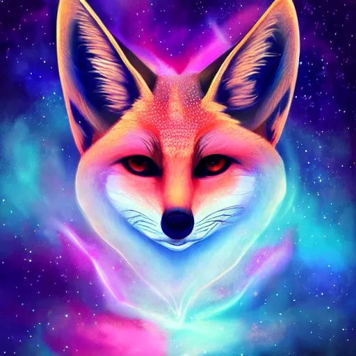 Prompt: geometric symmetrical fennec with galaxy eyes in space, nebula in the background, intricate, elegant, highly detailed, digital painting, artstation, concept art, smooth, sharp focus, illustration, art by artgerm