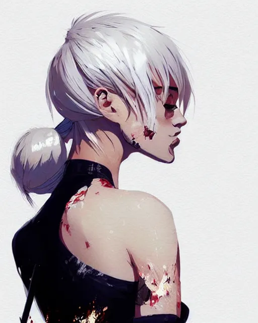 Image similar to a ultradetailed beautiful back painting of a stylish woman with white hair in a pony tail, she is wearing jeans, by conrad roset, greg rutkowski and makoto shinkai trending on artstation