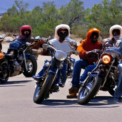 Prompt: a gang of biker cats, riding motorbikes, route 6 6