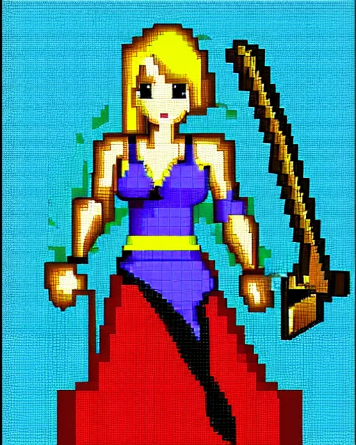 Prompt: a pixel art picture of a woman holding a sword, pixel art, isometric 2 d game art, 1 6 bit, dynamic pose, # pixelart