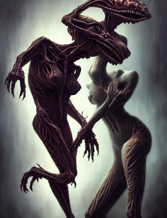 Image similar to ultra realist muted colors horror painting of a dimly lit attractive alien female and hellish creature together, very intricate details, focus, curvy figure, model pose, full frame image, artstyle hiraku tanaka and craig mullins, award winning