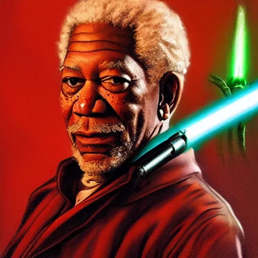 Image similar to digital art, trending on artstation, morgan freeman holding a lightsaber fighting cthulhu, nice lighting, perfect readability