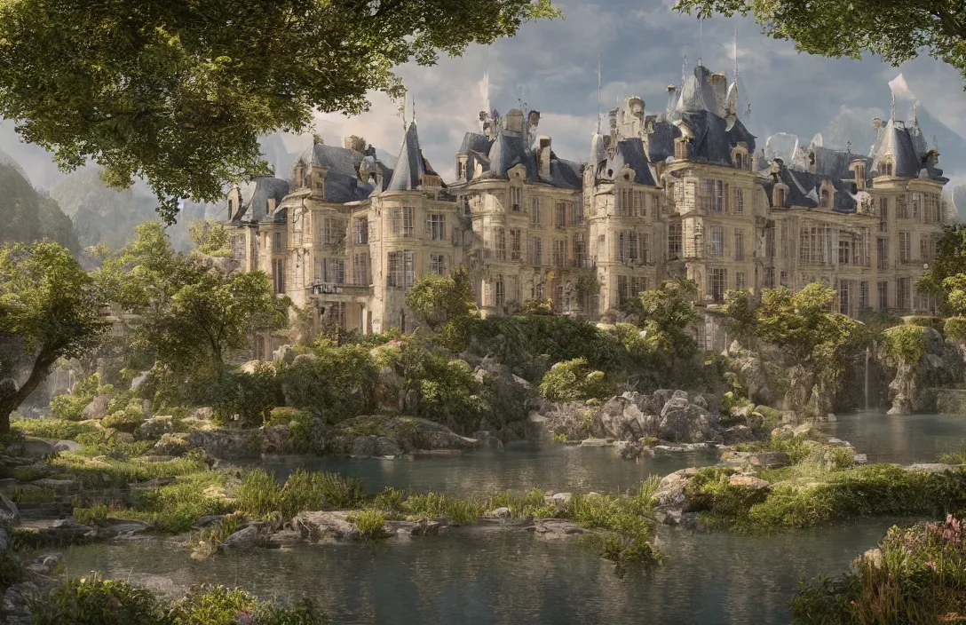 Image similar to a hyper realistic professional photographic view picture of a french chateau filter unreal engine 5 realistic hyper detailed 8k ultradetail cinematic concept art volumetric lighting, fantasy artwork, very beautiful scenery, very realistic painting effect, hd, hdr, cinematic 4k wallpaper, 8k, ultra detailed, high resolution, artstation trending on artstation in the style of Albert Dros glowing rich colors powerful imagery nasa footage drone footage drone photography