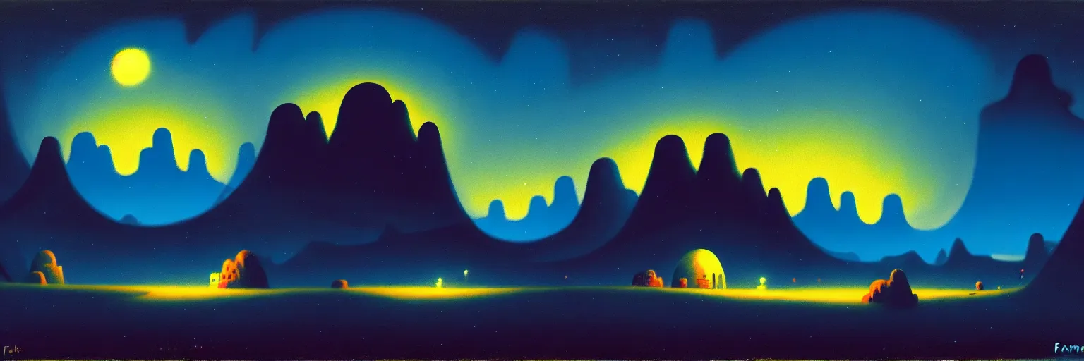 Image similar to cartoon paul lehr narrow night landscape with farawaymountains dark blue tones