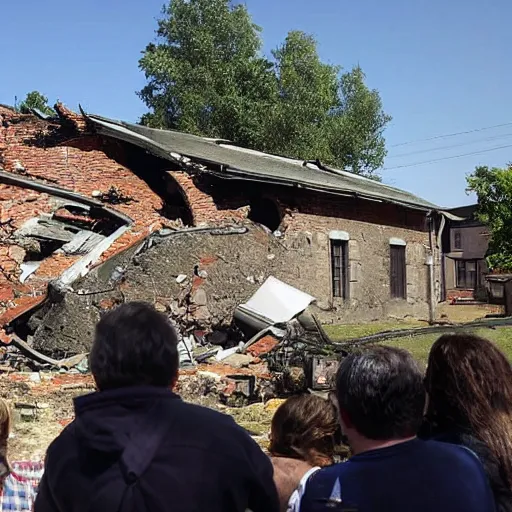 Prompt: an old village house, in the ground a large funnel from the explosion, around people take pictures of this funnel