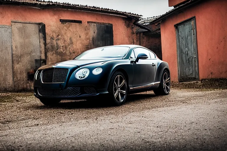 Image similar to modern rusty matte tired Bentley Continental GT without gloss no reflections drives along the road of an old Russian village with houses at the edges