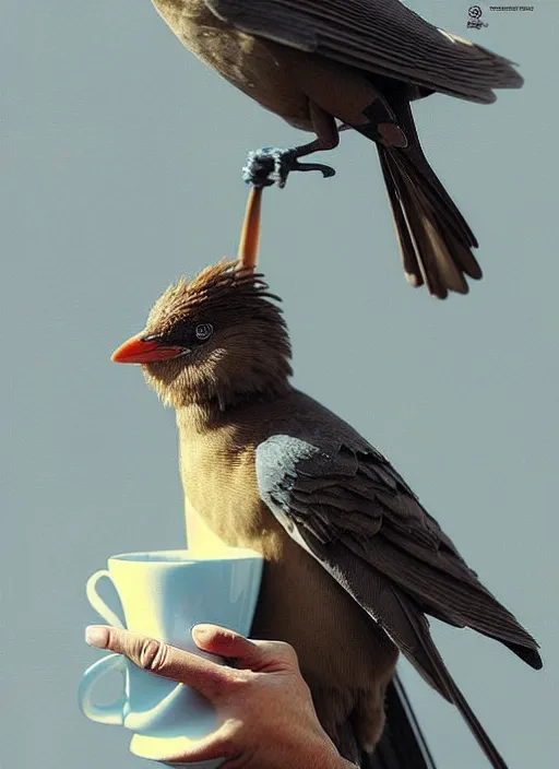 Prompt: a bird holds a cup of tea in its hands, hyperrealism, no blur, 4 k resolution, ultra detailed, style of tyler edlin, tom bagshaw, arthur rackham, ivan shishkin