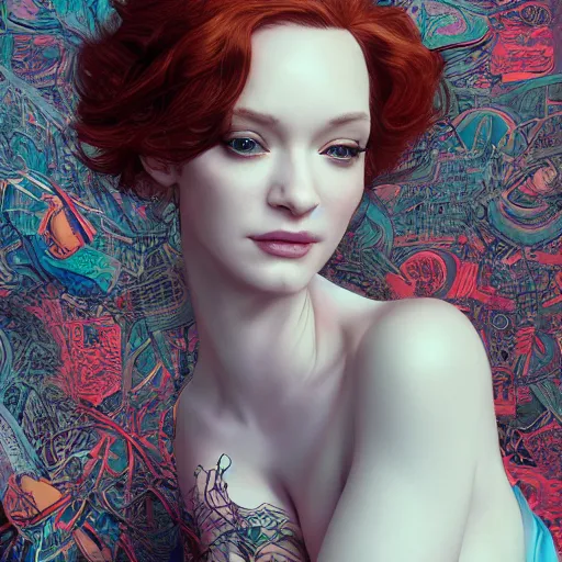 Image similar to the portrait of an absurdly beautiful christina hendricks, graceful, elegant, sophisticated, fashionable cyberpunk gravure idol, an ultrafine hyperdetailed illustration by kim jung gi, irakli nadar, intricate linework, bright colors, porcelain skin, unreal engine 5 highly rendered, cgsociety, global illumination, radiant light, detailed and intricate environment