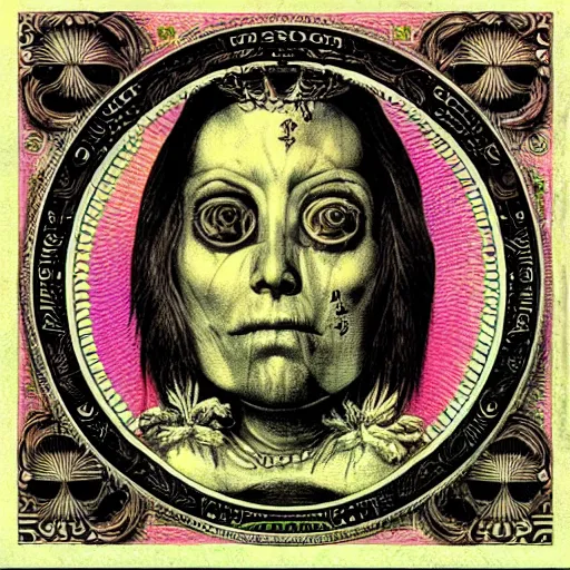 Prompt: post - punk new age album cover, asymmetrical design, dollar bank notes, magic, apocalypse, psychedelic, black white pink, magic, giger h. r., giuseppe arcimboldo