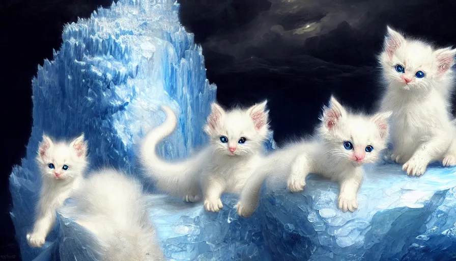 Prompt: highly detailed painting of white cute baby furry japanese dragon kittens on a blue and white iceberg by william turner, by greg rutkowski, by william constable, thick brush strokes and visible paint layers, 4 k resolution