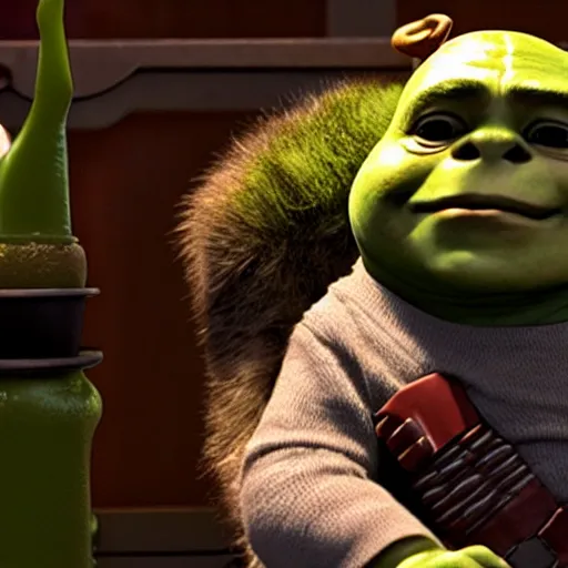 Prompt: a film still of baby shrek in the mandalorian