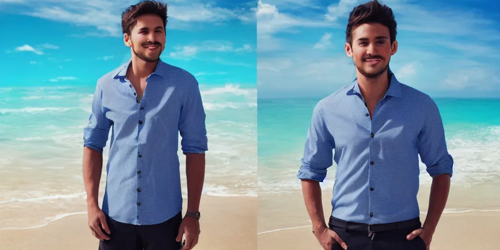 Image similar to a handsome guy is standing tall, in a beautiful shirt, with the beach, sea, sun, rays in the background? super detail, one character