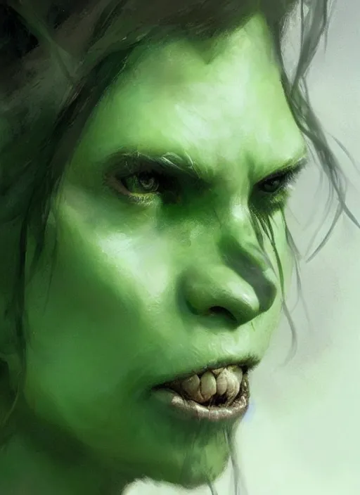 Prompt: green orc female, light green tone beautiful face, by greg rutkowski, by jeremy mann, digital painting