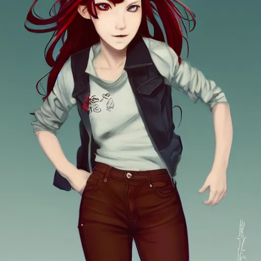 Image similar to full-body shot of an attractive tomboy girl with long, crimson red hair and red eyes, wearing a brown, open jacket and green jeans with a stern look, midriff, concept art, character design, by WLOP, by Tomine, by Kon, Satoshi, by Leyendecker