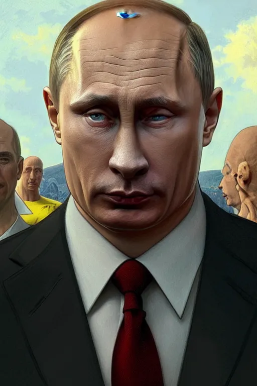 Image similar to vladimir putin as homer simpson from the simpsons, realistic portrait, symmetrical, highly detailed, digital painting, artstation, concept art, smooth, sharp focus, illustration, cinematic lighting, art by artgerm and greg rutkowski and alphonse mucha