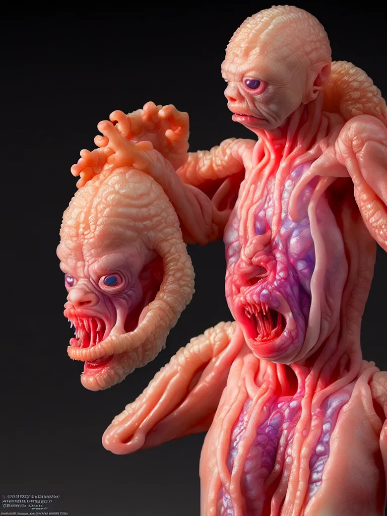 Image similar to hyperrealistic subsurface scattering rendering, fat smooth cronenberg flesh monster albino translucent baby by donato giancola and greg rutkowski and wayne barlow and zdzisław beksinski, product photography, action figure, sofubi, studio lighting, colored gels